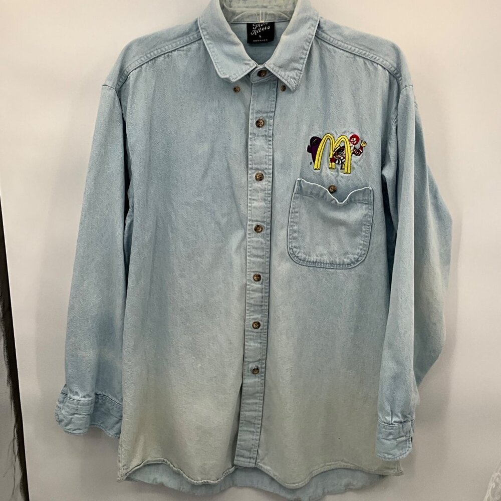 Vintage Men's Large Denim Button-Up Shirt McDonalds Embroidery‎ Pocket